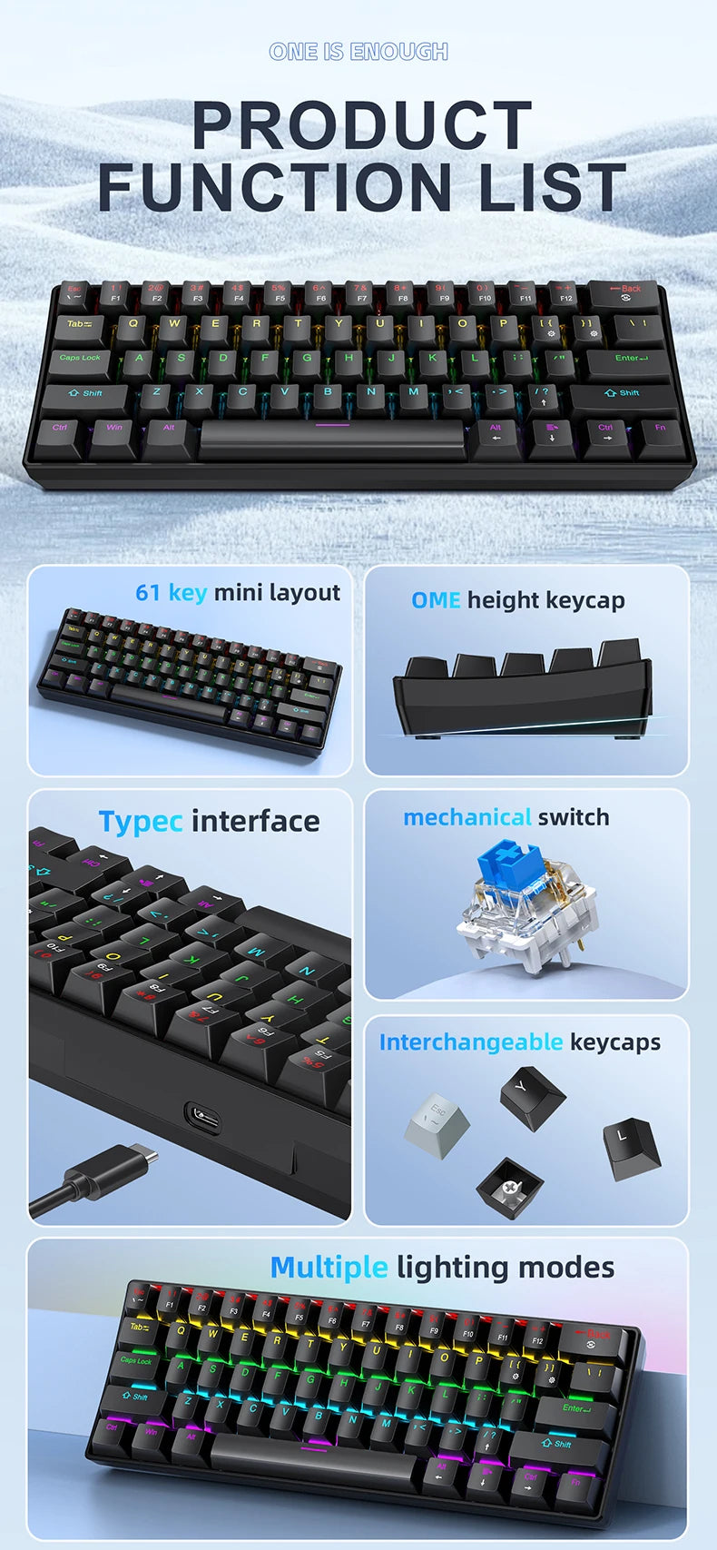 K61 Compact Wired Mechanical Gaming Keyboard - Black - Blue Switch